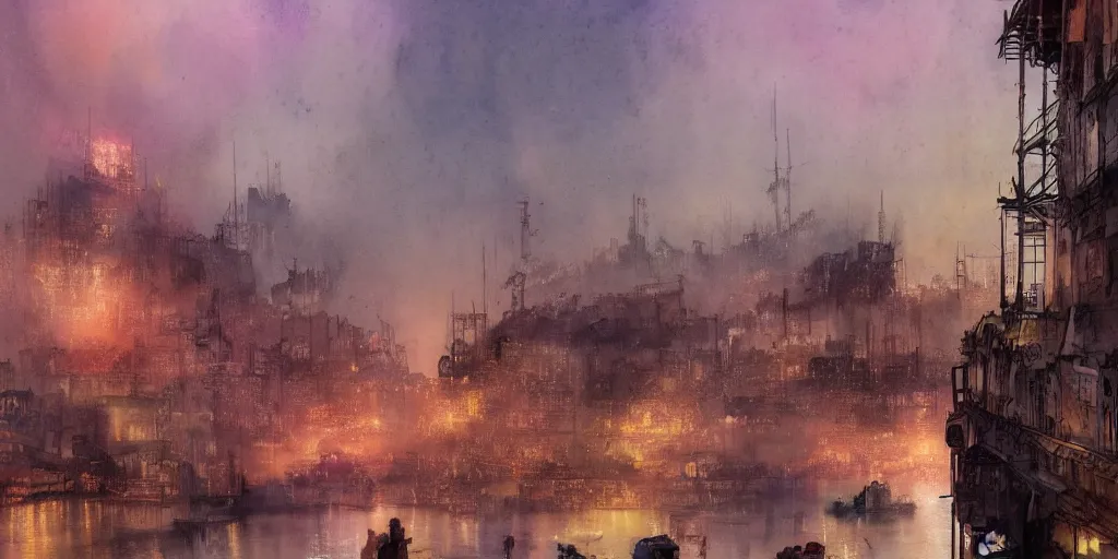 Prompt: a beautiful insanely intricate watercolor illustration of modern port with tankers, reflexions, colorfull, by william turner art, by greg rutkowski, by james jean, by rossdraws, by frank franzzeta, by sakimichan, by edmund dulac, trending on artstation, insanely detailed, masterpiece,