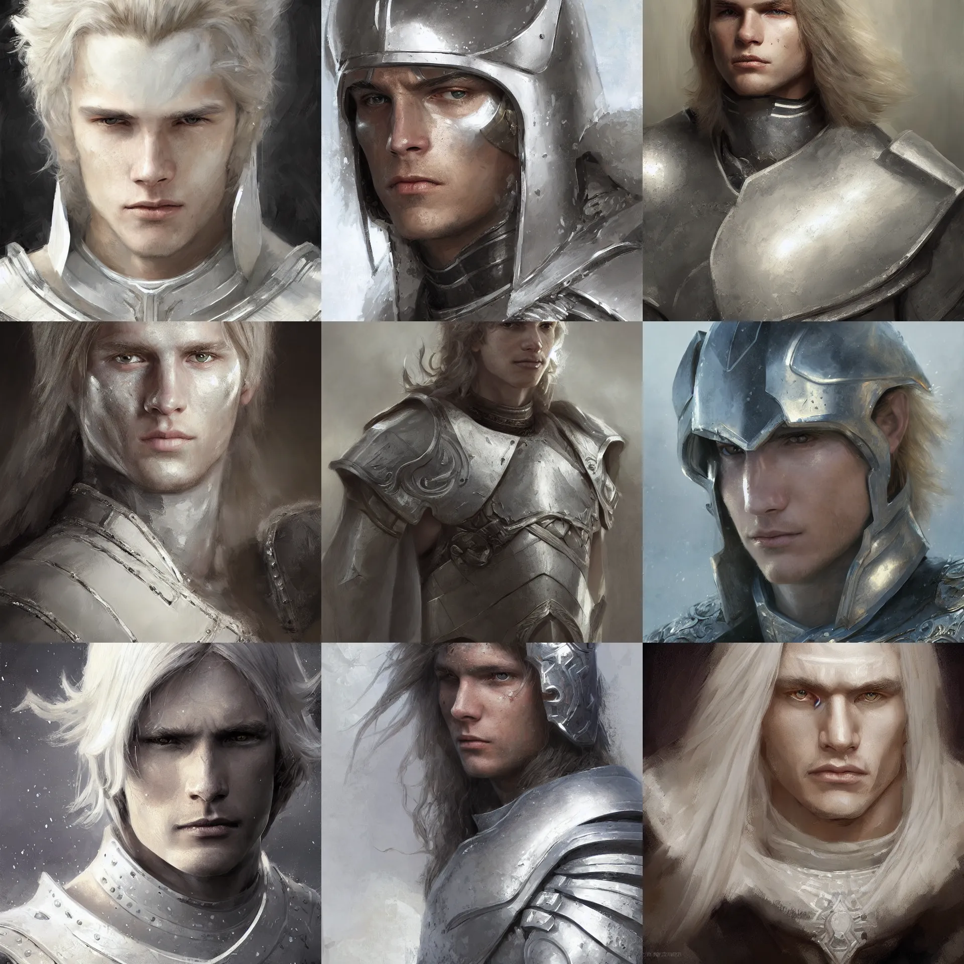 Prompt: digital art painting of young bjorn andresen, white long straight hair, wearing a white silver armor dnd portrit painted by craig mullins and gaston bussiere and greg rutkowski, symmetrical face, defined facial features, symmetrical facial features, dramatic lighting