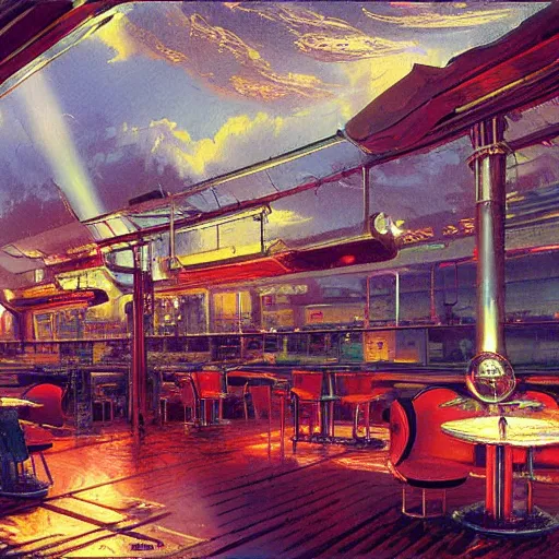 Image similar to painting of syd mead artlilery scifi diner with ornate metal work lands on a farm, filigree ornaments, volumetric lights, red sun, andreas achenbach