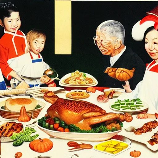 Image similar to normal rockwell's thanksgiving dinner illustration with japanese food. normal rockwell style. illustration. high quality.