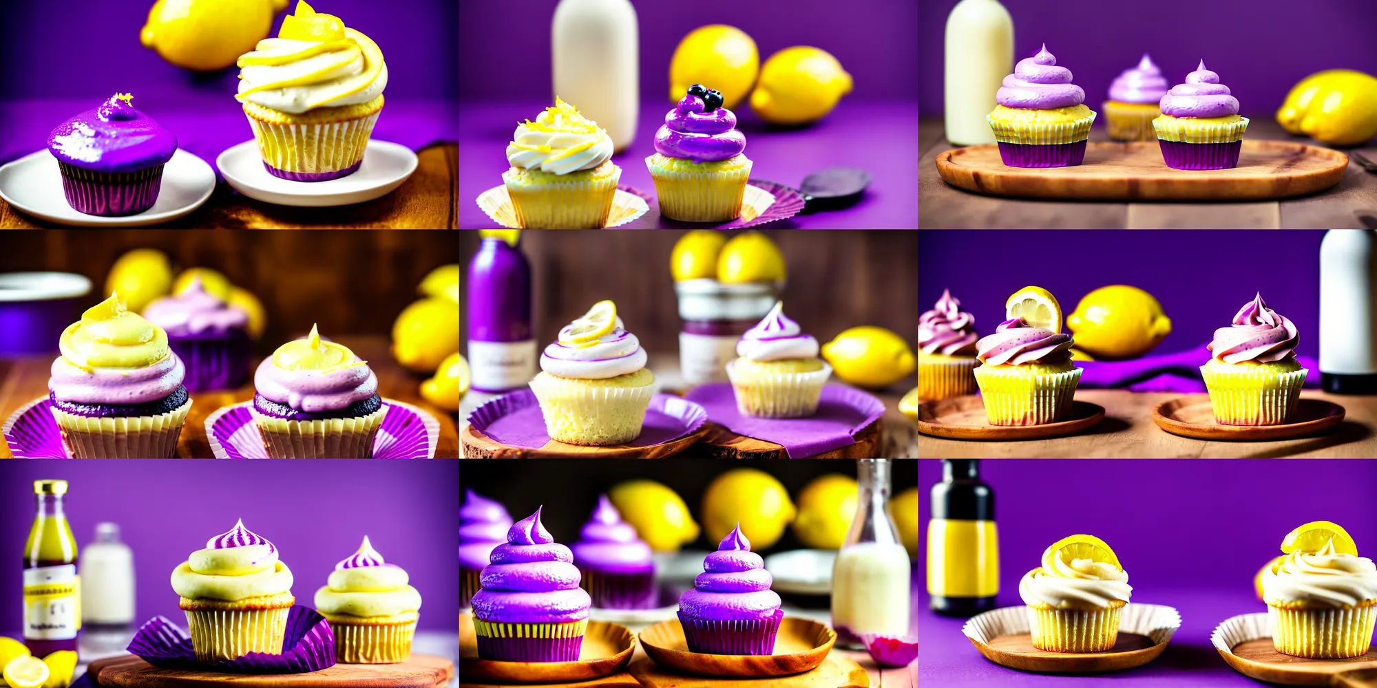 Prompt: dslr food photography of a lemon cupcake on a wooden plate with purple lemon creme topping and a bottle of lemon sauce on the side, macro shot, hasselblad, 1 0 0 mm f 1. 8, dynamic lightning