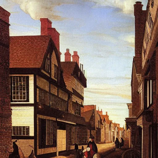 Image similar to a Victorian street in 1840, Morris Mini, by Caravaggio