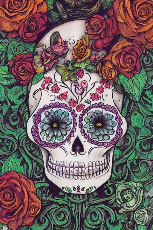 Image similar to Illustration of a sugar skull day of the dead girl, art by daniel merriam