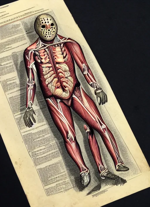 Image similar to vintage medical anatomical illustration of jason voorhees from friday the 1 3 th, highly detailed, labels, intricate writing