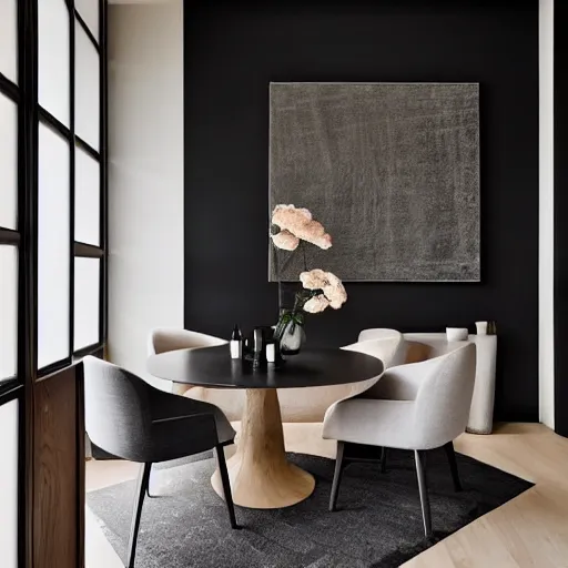 Image similar to lounge and dining room, stone, interior design, stylish luxury hotel living room design, yakisugi, black vertical slatted timber, textures, feminine, black walls, art, Japanese pottery vase with flowers, kakejiku, seasonal, Japanese influences