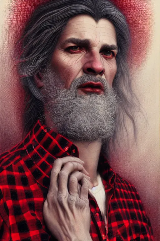 Prompt: a man wear plaid red shirt + long grey hair is the man who know everything in the universe by karol bak, james jean, tom bagshaw, rococo, sharp focus, trending on artstation, cinematic lighting, hyper realism, octane render, 8 k, hyper detailed, vivid, ultra detailed, highly detailed