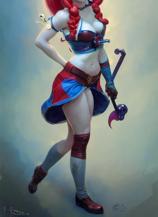 Image similar to harley quinn as a gnome queen, girl, masterpiece, intricate, elegant, highly detailed, my rendition, digital painting, artstation, concept art, smooth, sharp focus, illustration, art by artgerm and greg rutkowski and alphonse mucha and uang guangjian and gil elvgren and sachin teng, symmetry!!