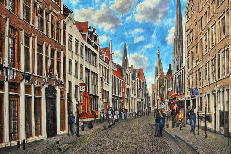 Image similar to street view of gent belgium, hyperrealism painting, wide angle, very detailed, high resolution