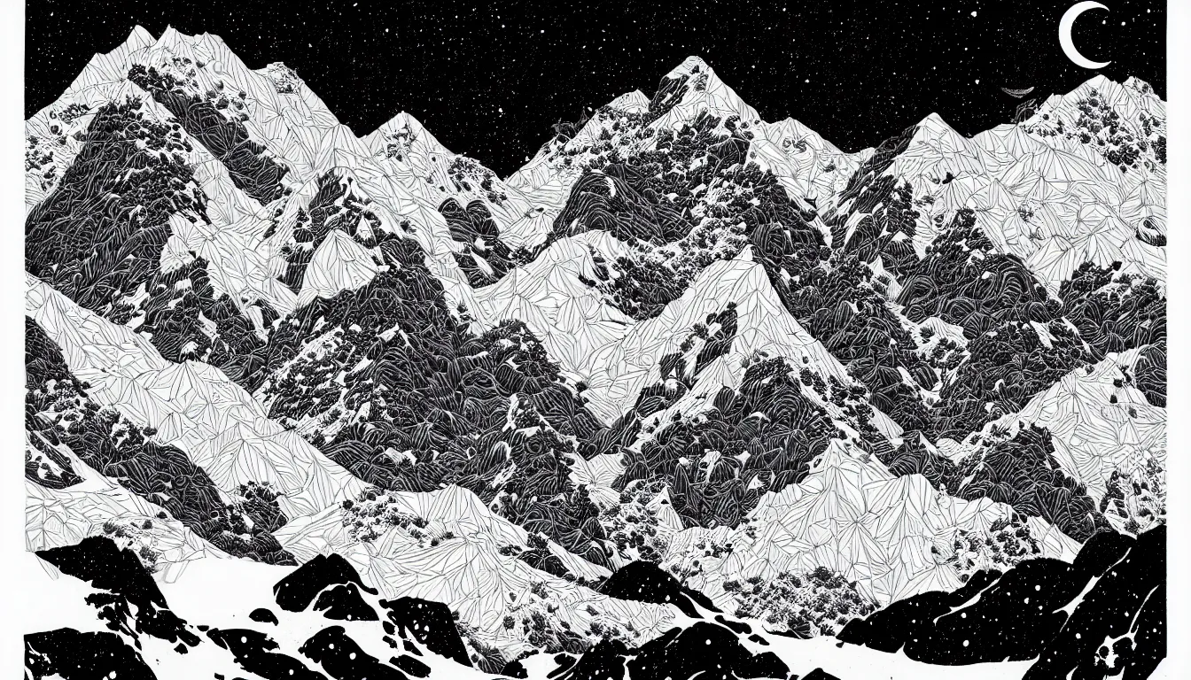 Image similar to himalayas by woodblock print, nicolas delort, moebius, victo ngai, josan gonzalez, kilian eng