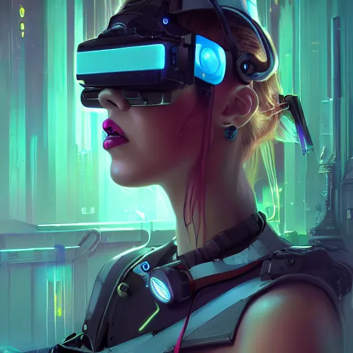 Image similar to portrait of a beautiful cybernetic punk girl wearing a oculus rift headset, cyberpunk concept art by pete mohrbacher and artgerm and wlop and deathburger and syd mead, digital art, highly detailed, intricate, sci-fi, neon colors, sharp focus, Trending on Artstation HQ, deviantart, unreal engine 5, 4K UHD image