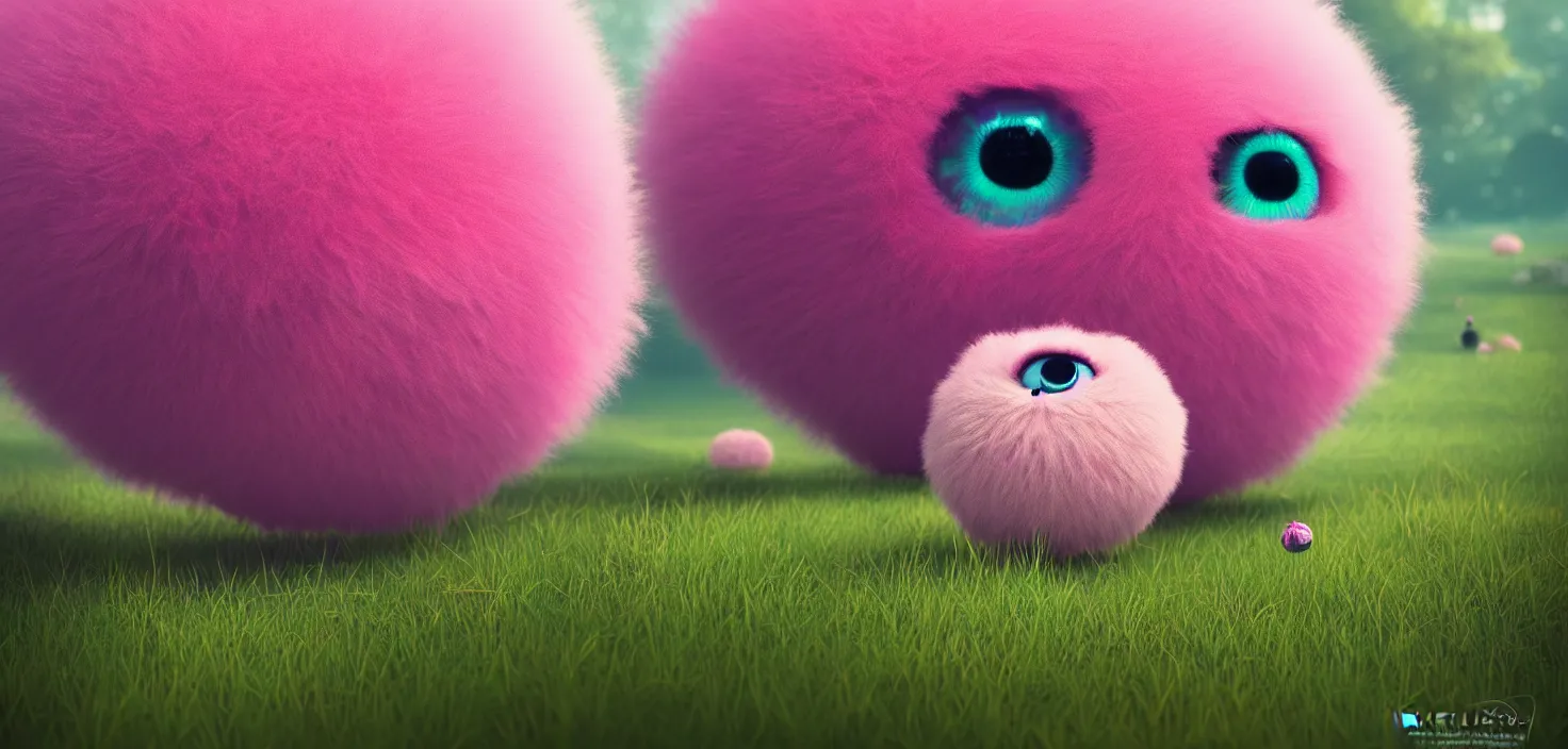 Prompt: colourful forest fluffy pink fluffy ball with huge beauty eyes appearing from the grass, in the style of craola, shallow depth of field, highly detailed, digital painting, trending artstation, concept art, illustration, cinematic lighting, vibrant colors, photorealism, epic, octane render