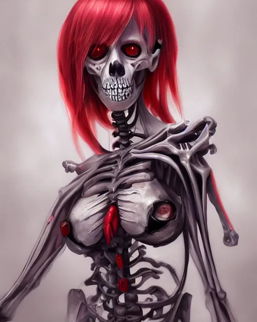 Prompt: A realistic anime portrait of a beautiful skeleton woman with glowing red eyes wearing clothes made of skulls, digital painting, by Stanley Artgerm Lau, Sakimichan, WLOP and Rossdraws, digtial painting, trending on ArtStation, SFW version