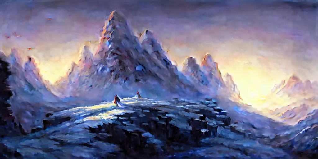 Image similar to snowy mountain landscape, cinematic view, blue sky, detailed, concept art, low angle, high detail, realistic, warm lighting, volumetric, godrays, vivid, artstation, digital painting by jordan grimmer and greg rutkowski