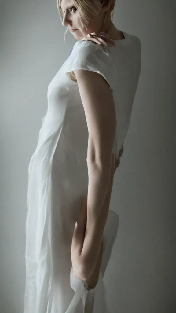 Image similar to emily skinner cosplaying annie leonhart wearing open toe heels and wearing a white dress in a white room looking up, beautiful face, pale skin, rule of thirds, cinematic lighting, rainy weather, melancholy atmosphere, sharp focus, backlit, stunning, smooth, hard focus, full body shot, studio photo, shot on sony a 7 iii, hyper realistic,