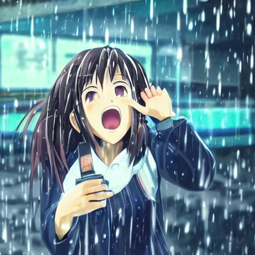 Image similar to anime headshot portrait of young yelling girl on bus station in rain by makoto sinkai, fine details