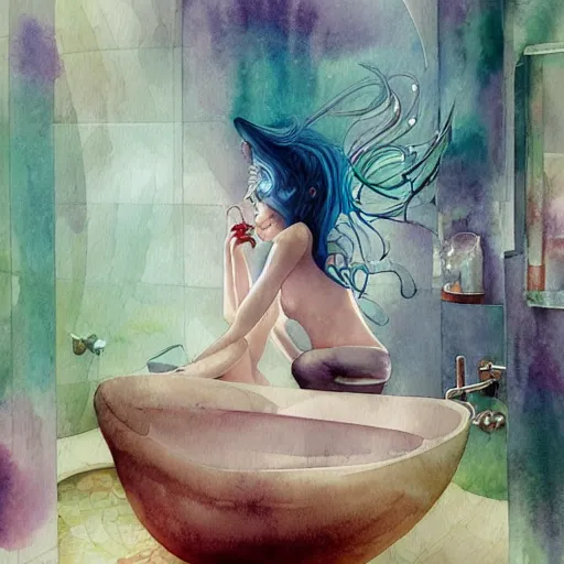 Prompt: watercolor bathroom by anna dittmann