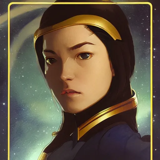 Image similar to star trek starship captain, finely detailed features, closeup at the face, perfect art, gapmoe yandere grimdark, trending on pixiv fanbox, painted by greg rutkowski makoto shinkai takashi takeuchi greg rutkowski, alphonse mucha, akihiko yoshida