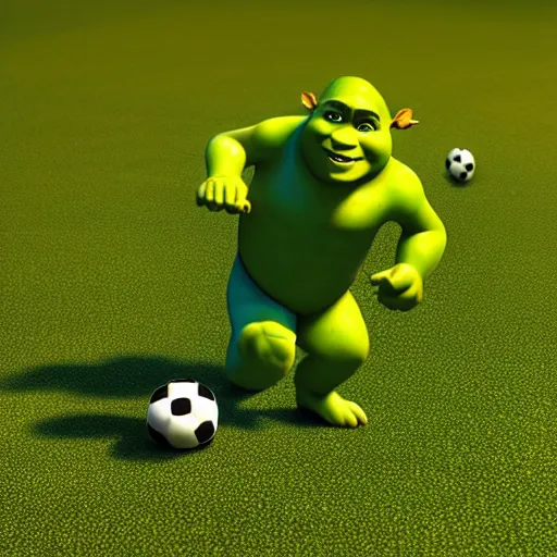 Prompt: shrek playing soccer, highly detailed, extremely high quality, hd, 4 k, 8 k, canon 3 0 0 mm, professional photographer, 4 0 mp, lifelike, top - rated, award winning, realistic, detailed lighting, detailed shadows, sharp, no blur, edited, corrected, trending