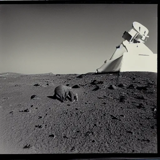 Prompt: extremely detailed black and white polaroid picture by john l. gaunt of a baby elephant standing on the moon's surface. the sky is ominous and filled with crashing meteorites. very grainy picture. dramatic lighting.