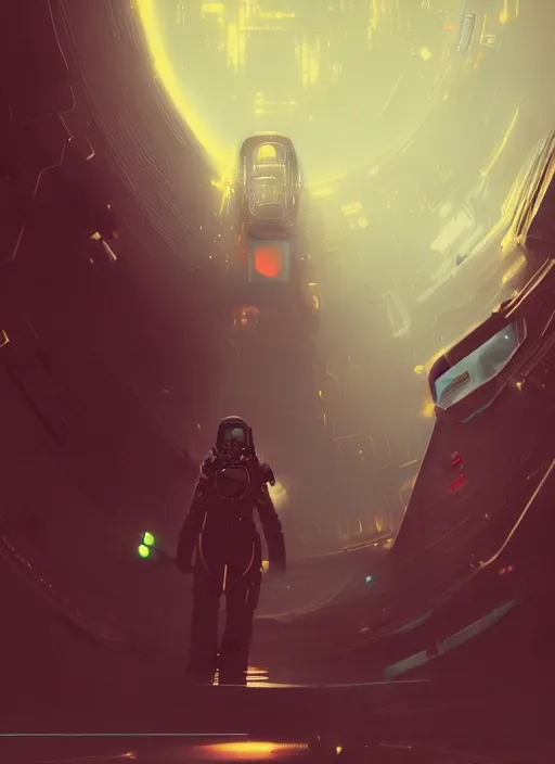Image similar to a man in a space suit standing in a tunnel, cyberpunk art by neil blevins, cgsociety, retrofuturism, sci - fi, darksynth, dystopian art