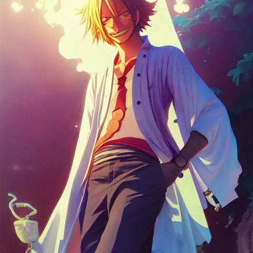 Image similar to sanji by eiichiro oda!, greg rutkowski, loish, rhads, beeple, makoto shinkai, tom bagshaw, alphonse mucha, sharp focus, art by artgerm and greg rutkowski, stanley kubrick, backlit, harsh overhead sunlight,