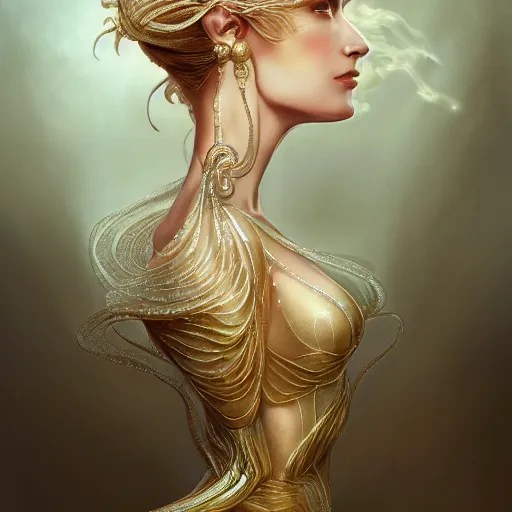 Image similar to a beautiful woman wearing a white dress made of silk with golden ornaments and diamonds jewelry by alex gray and android jones , Karol Bak, Ayami Kojima, Amano , concept art, character design, fantasy,3D, 8k resolution