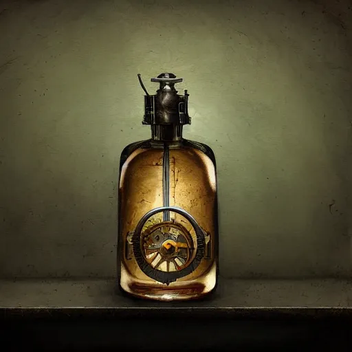 Prompt: a painting of a steampunk voilet potion bottle in a dark dusty vintage science lab, by h. r. giger, hyperrealistic fantasy art, concept matte, ethereal, dreamy, digital art, trending on artstation, volumetric cinematic lighting