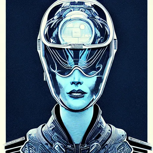 Prompt: portrait dramatic light, by killian eng and joe fenton and martin deschambault and conrad roset, inspired by buck rogers, blue grey only, etching, fine, sharp high detail,