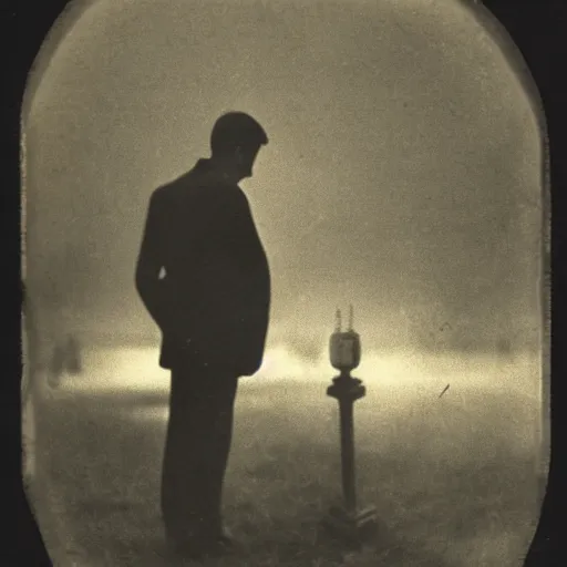 Image similar to a soul looking at his grave, night, fog, 1 9 0 0's photo