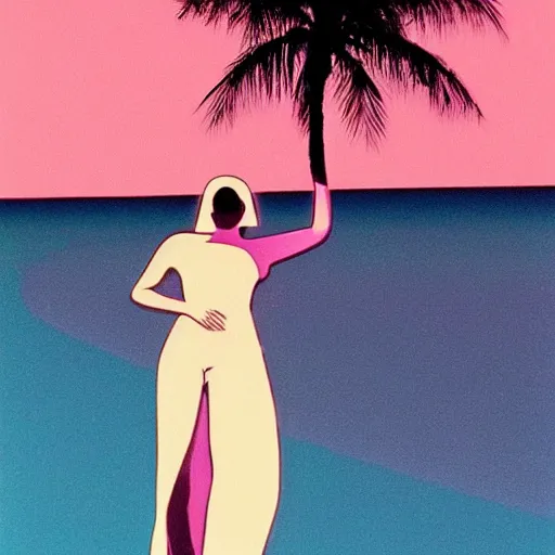 Image similar to nagel artwork 1 9 8 0 s palm tree beautiful woman, light grid in the background, soft haze