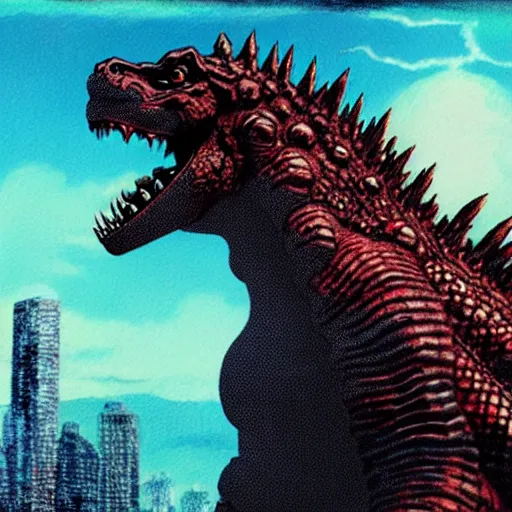 Image similar to godzilla, highly detailed, digital painting, smooth, sharp focus, illustration, ultra realistic, 8 k, art by hideaki anno and shinji higuchi