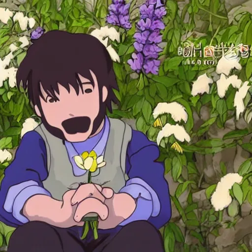 Image similar to gabriel boric sitting at the flower made by studio ghibli, detail, high quality, detailed creature, beautiful scene, smooth