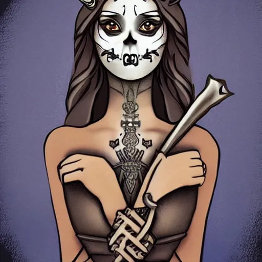 Prompt: medieval cat person with a skull tattoo on their face, digital art, beautiful, style of ray tross