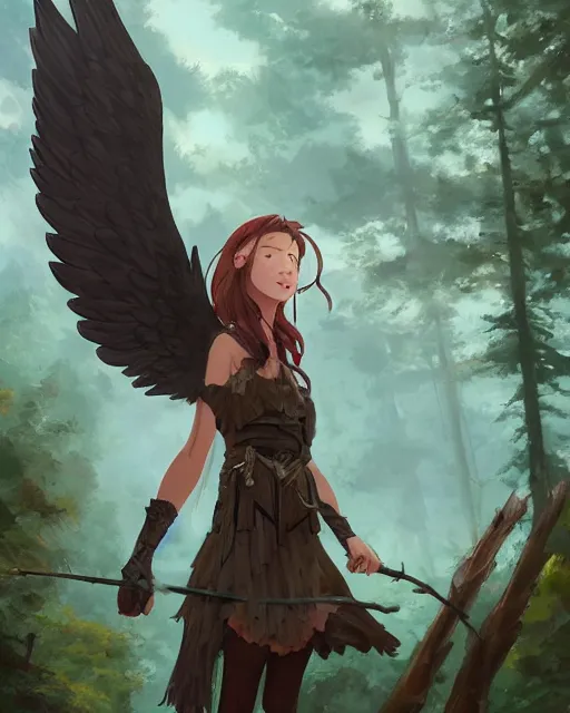 Image similar to a female anthropomorphic eagle warrior. She has two wings on her back. Forest, clearing. Atmospheric lighting, By Makoto Shinkai, Stanley Artgerm Lau, WLOP, Rossdraws, James Jean, Andrei Riabovitchev, Marc Simonetti, krenz cushart, Sakimichan, D&D trending on ArtStation, digital art.