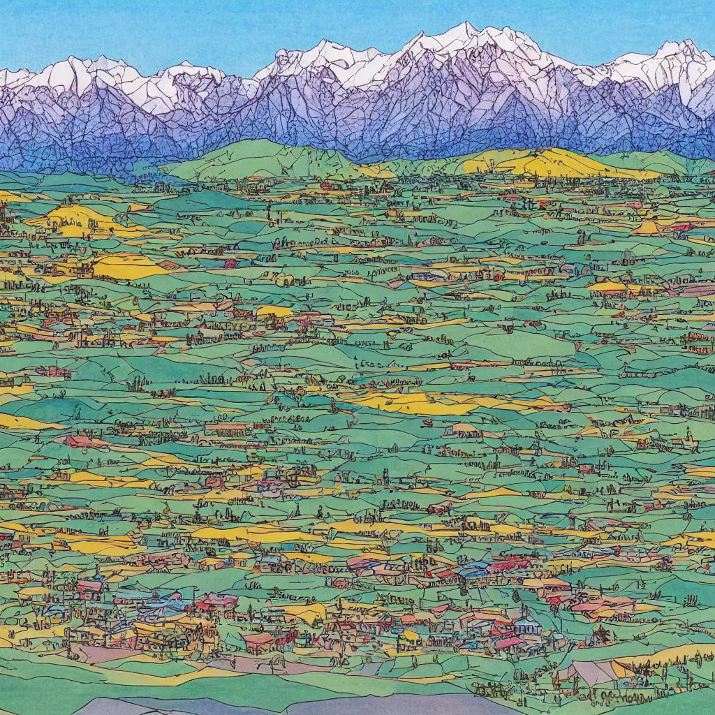 Prompt: colorful cel-shaded drawing of the city of Stanley, Idaho, with the Sawtooth mountains in the background, by Moebius