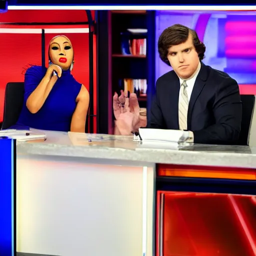 Image similar to “ tucker carlson skeptically interviewing cardi b on fox news ”