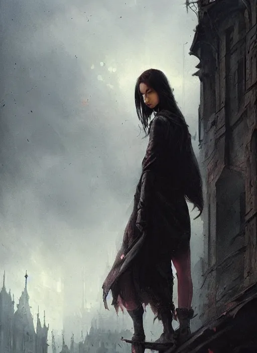 Image similar to a teenage girl with very short dark hair and a tattered grey cloak. she stands on top of a building in a gothic fantasy city. the sky has a red glow and ash is falling. beautiful painting by greg rutkowski