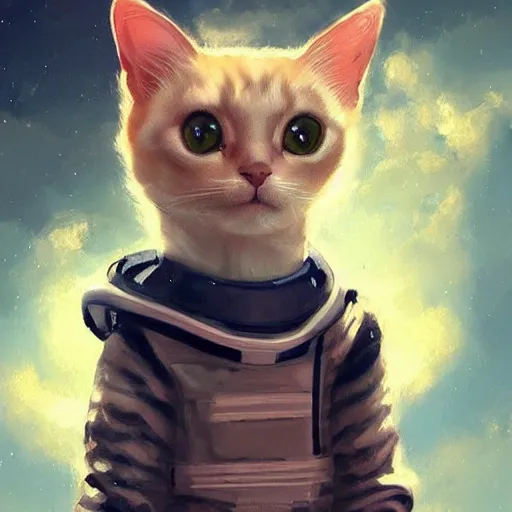 Image similar to head and shoulders masterpiece portrait of a cute adorable cat wearing a spacesuit, surreal background, digital art by krenz cushart, trending on artstation, cgsociety,