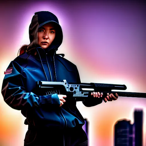 Prompt: photographic portrait of a techwear woman holding a shotgun, closeup, on the rooftop of a futuristic city at night, sigma 85mm f/1.4, 4k, depth of field, high resolution, 4k, 8k, hd, full color, Die Hard, movies with guns, movie firearms