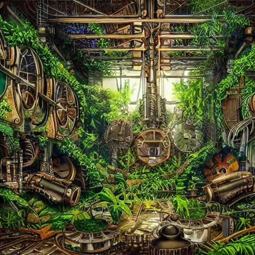 Prompt: inside an enormous steampunk machine room with lush vegetation growing around the machines, tropical trees, large green leaves, extremely detailed painting, 4k, vivid colors