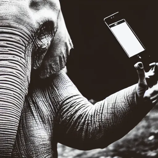 Image similar to the elephant man using an iphone to take a selfie