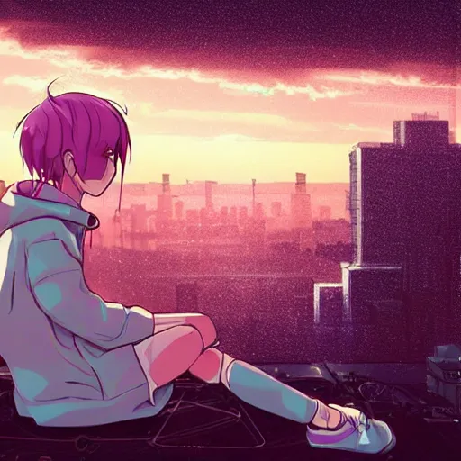 Prompt: android mechanical cyborg anime girl child overlooking overcrowded urban dystopia sitting. Pastel pink clouds baby blue sky. Gigantic future city. Raining. Makoto Shinkai. Wide angle. Distant shot. Purple sunset. Sunset ocean reflection. Pink hair. Pink and white hoodie. lofi background.