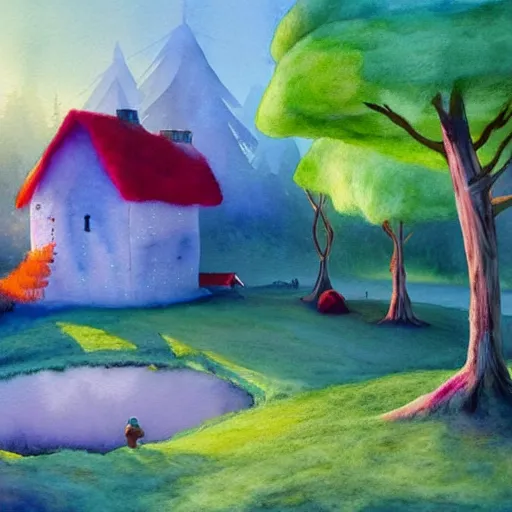 Image similar to a watercolor art in shape of volumetric!! wool felting small wooden house in the middle of spring forest, bright colours, children illustration, 4 k, matte painting, by rhads