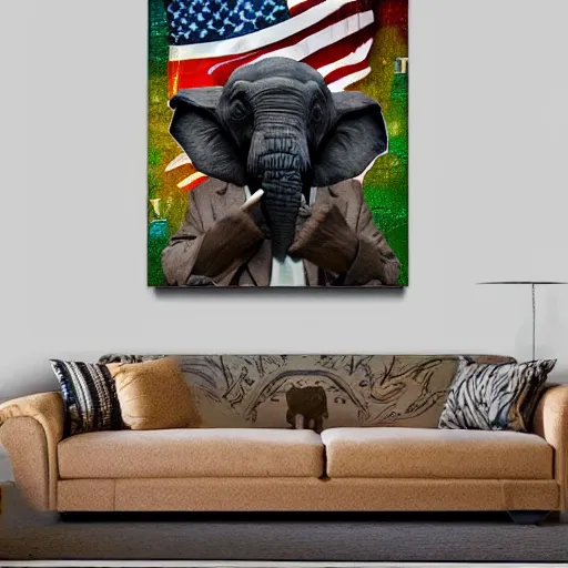 Image similar to elephant yoda patriot potus, modern art placed in a large living room, art designers magazine HD photo superrealism 3d 8k resolution