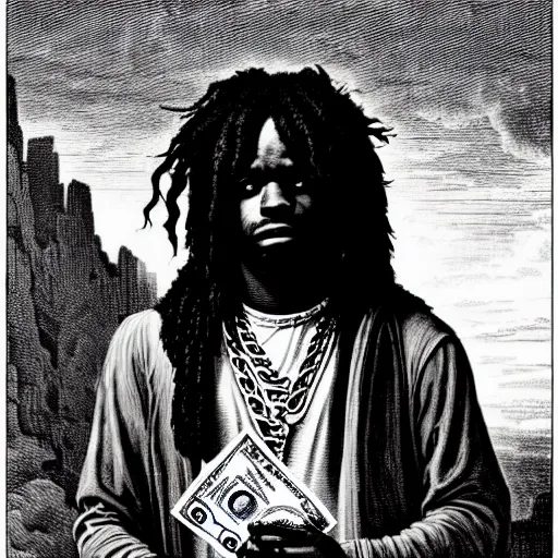 Image similar to highly accurate cheef keef rapper holding stacks of cash, biblical image, style of gustave dore, highly detailed, beautiful, high contrast, black and white