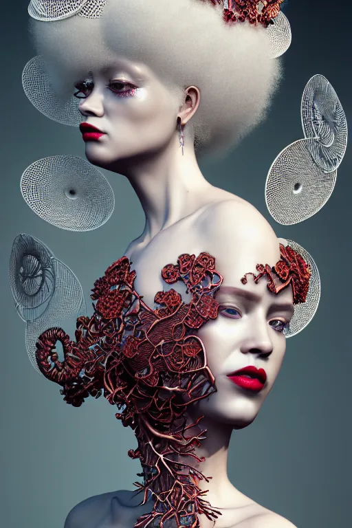 Prompt: complex 3 d render, hyper detailed ultrasharp beautiful biomechanical mandelbrot fractal steampunk filigree mesh wire female cyborg portrait with a porcelain profile face, albino afro, elegant crown with big hydrangea foliage leaves stems roots, red lips, alexander mcqueen haute couture, art nouveau fashion, octane render, 8 k