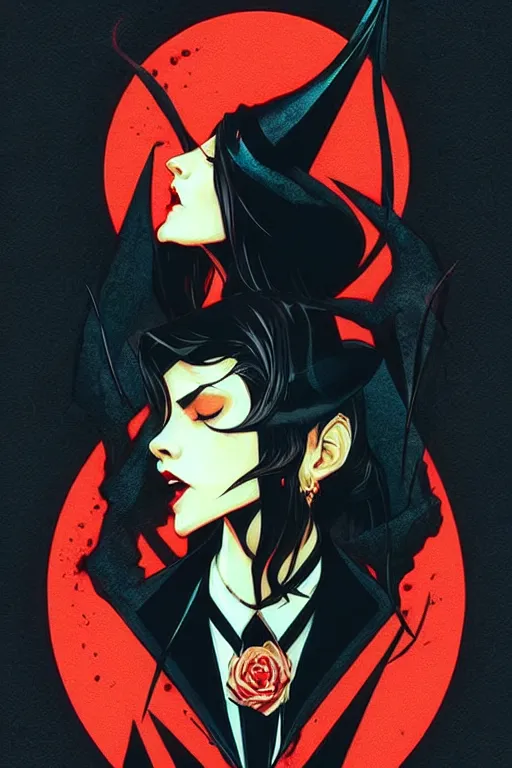 Image similar to concept art design illustration, vampire silhouette!!, 1 6 colors, logo, ink drawing, art by jc leyendecker and sachin teng