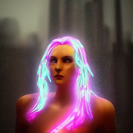 Image similar to angel spirit guide, cartoon portrait made out of rain, realistic, highly detailed, neon, rendered in octane, unreal engine, beautiful, trending on artstation,