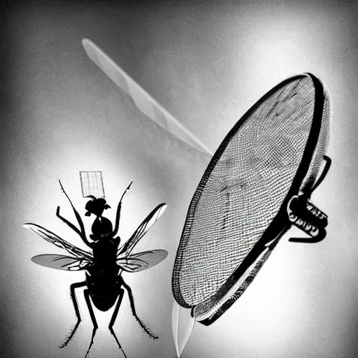 Prompt: hyperrealism perspective of a housefly getting swatted at from a man with a fly swatter