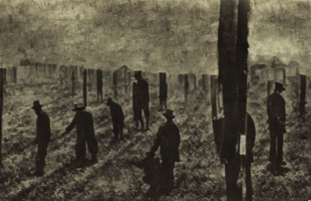 Image similar to concentration camps suffolk landscape intact flawless ambrotype from 4 k criterion collection remastered cinematography gory horror film, ominous lighting, evil theme wow photo realistic postprocessing energetic brushstrokes create optical flow illusion of 3 d intricate painting by john singer sargent